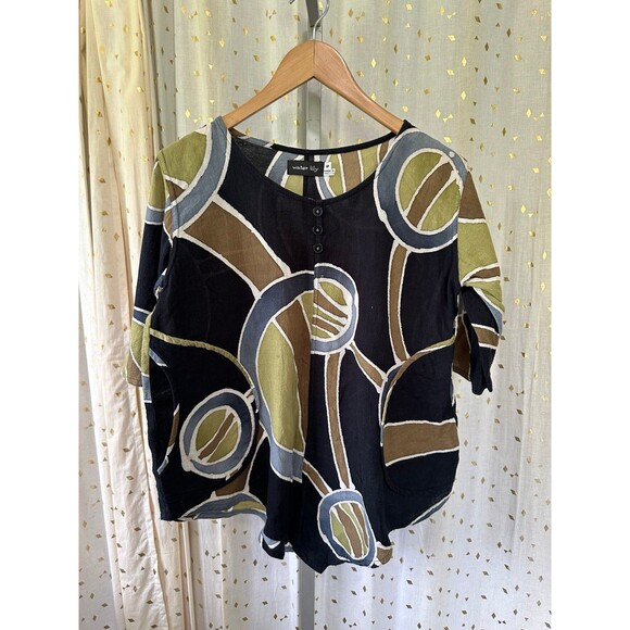 Water Lily 100% Cotton Batik Dye Inspired Geometric Side Pockets Tunic Blouse S - Picture 2 of 7